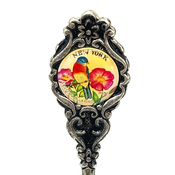 Vintage New York Souvenir Spoon With Enamel Bluebird Design & Ornate Handle B148 - Picture 2 of 4
